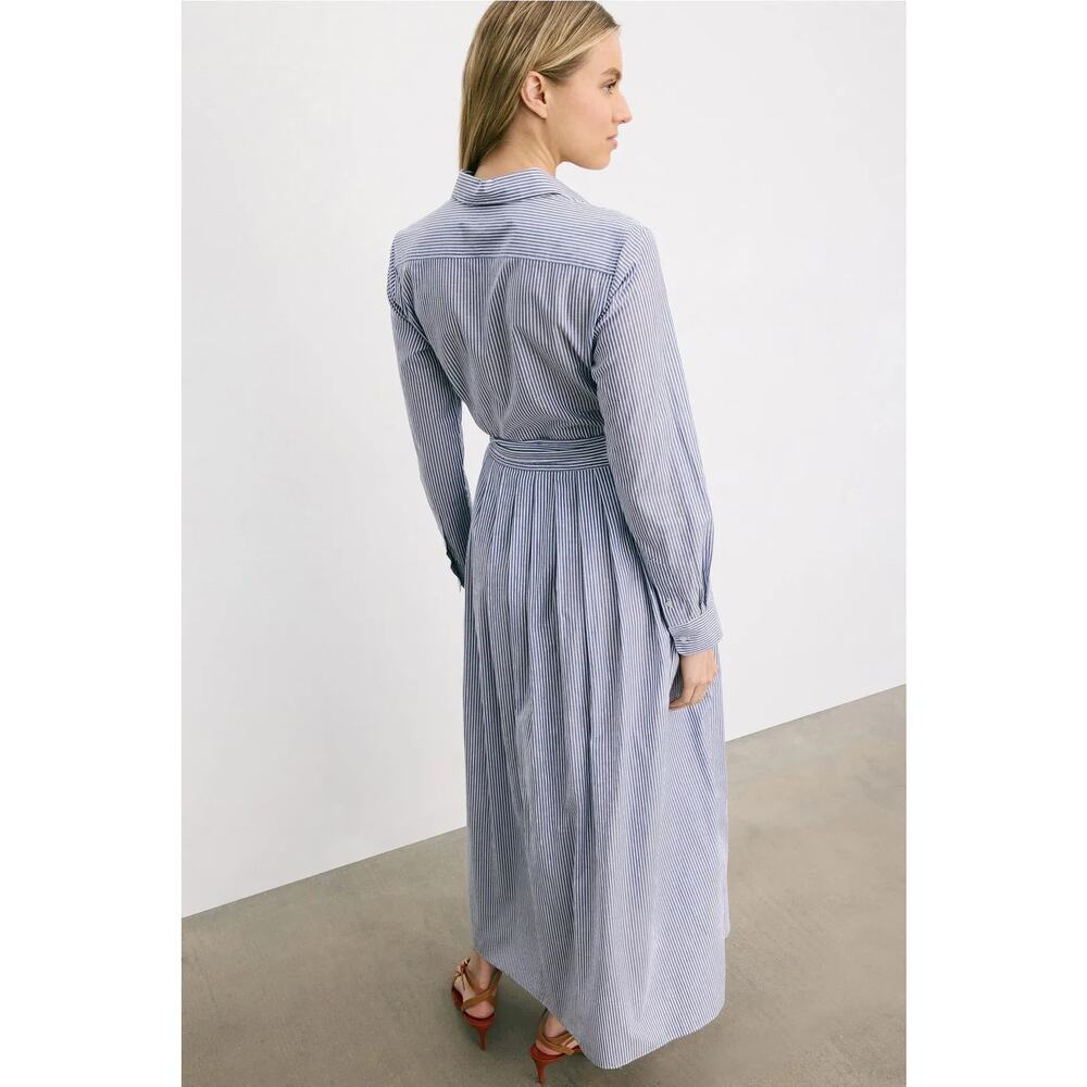 Ann Mashburn Ingrid Shirt Dress Striped Long Sleeve Tie Waist Maxi Blue White M - Picture 2 of 12
